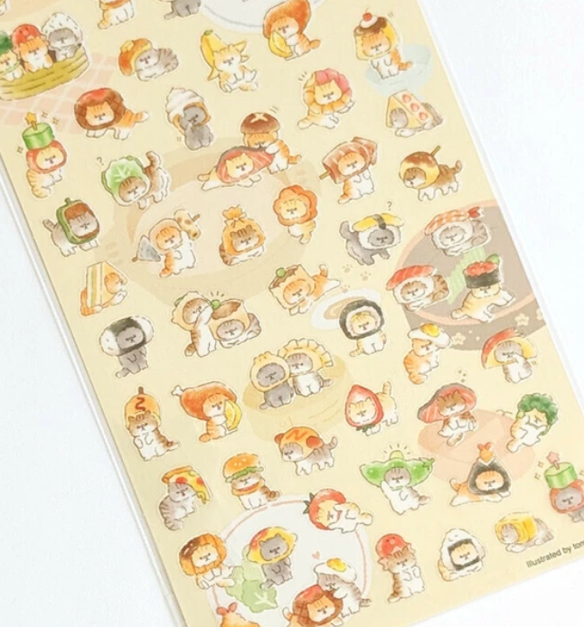 Colorful Japanese stickers featuring cute animal characters in various costumes and activities, perfect for decorating.