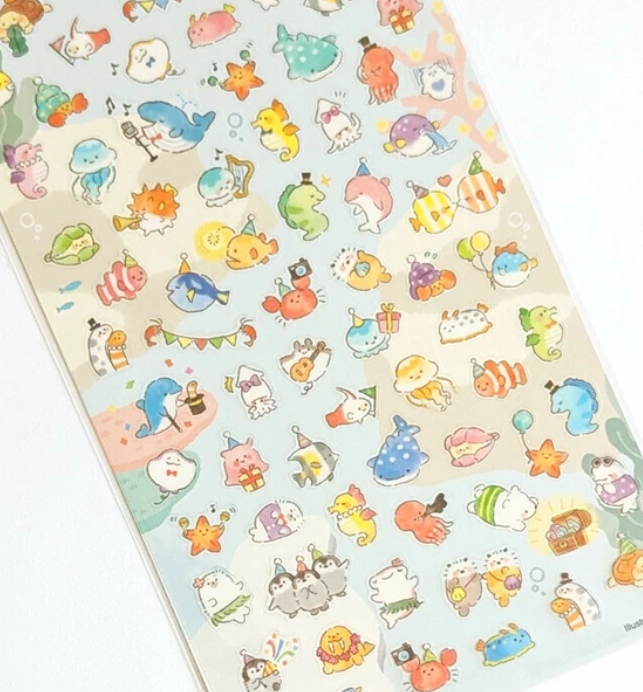 Colorful mini stickers featuring cute sea animals, perfect for decoration and crafting.