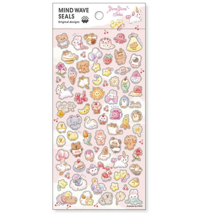 Colorful Mind Wave mini seals featuring adorable characters and sweets, perfect for decoration and crafting.