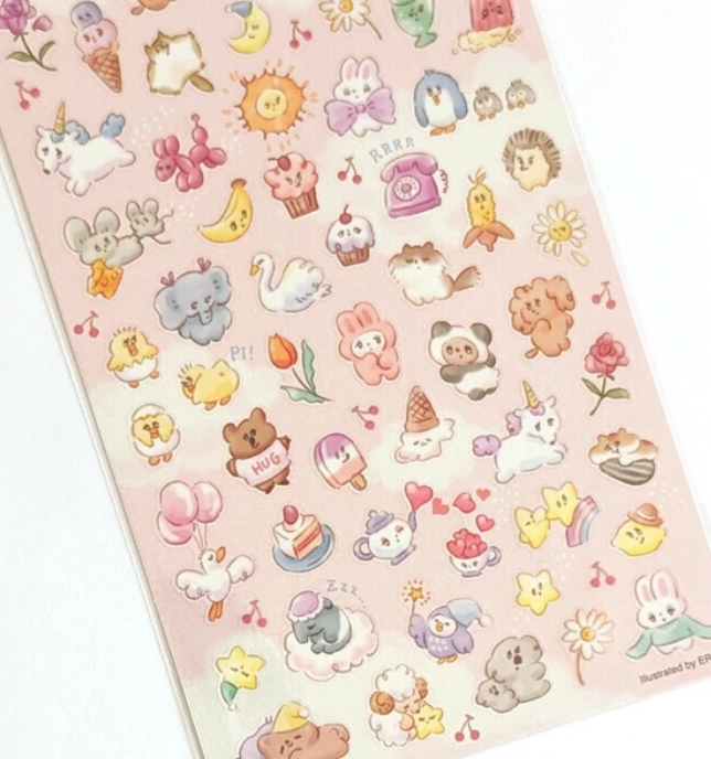 Colorful sheet of cute stickers featuring animals, desserts, flowers, and playful designs on a pastel background.